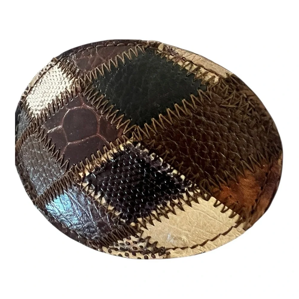 Belt buckle Patchwork leather large oval 3 “wide unisex bohemian western